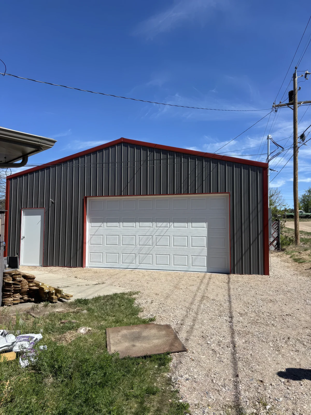 Completed metal pole barn and shop building, southeast Wyoming