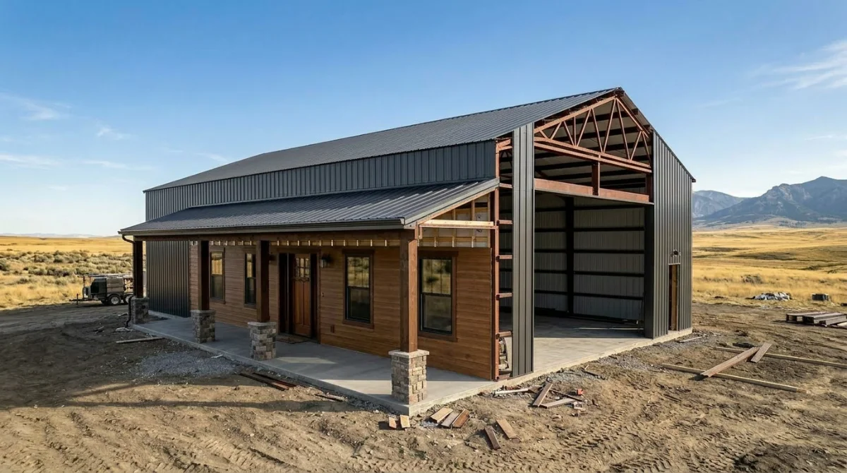 Metal roof and siding panels installed on barndominium shell in Laramie County Wyoming